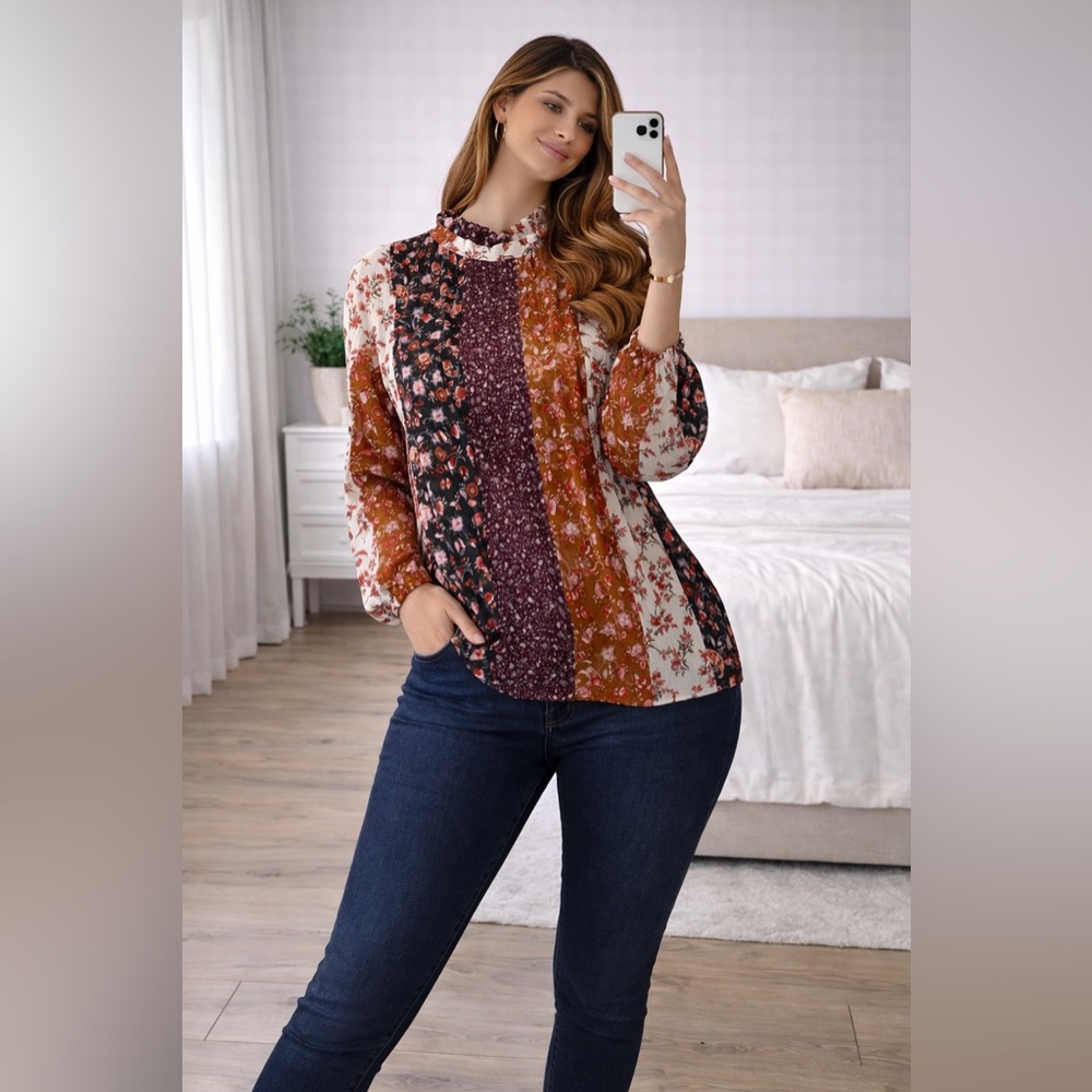 Robin K Patchwork Floral Long-Sleeve Blouse - Rust, Burgundy, Black, Cream
